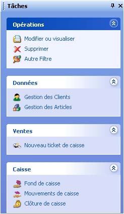 EBP Point de Vente : volet de navigation