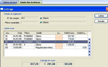 logiciel EBP compta : fentre de lettrage en saisie de rglement